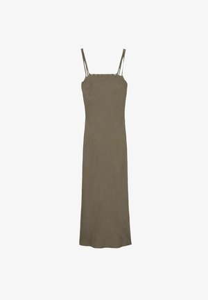 Olivegrünes, ärmelloses Kleid mit dünnen Trägern, geradem Schnitt, leichtem Stoff und minimalistischem Design.