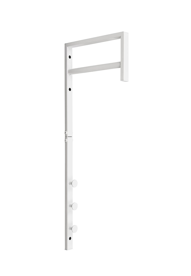Witte metalen wandgemonteerde kapstok met zes ronde haken en een horizontale stang aan de bovenkant voor extra opbergruimte. Soepel, slank ontwerp.