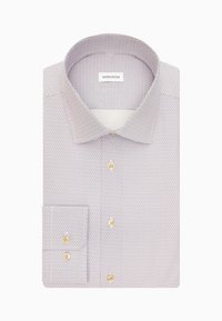 Helles lila gemustertes Hemd mit Button-Down-Kragen, das ein mikro-geometrisches Design aufweist, gelbe Knöpfe und eine einzelne Brusttasche hat.
