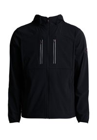 Juodas striukės tipo užsegamas švarkas su dviem vertikaliomis krūtininėmis kišenėmis, puoštomis atspindinčiomis juostelėmis, su gaubtu, sukurtas dėvėti lauke.