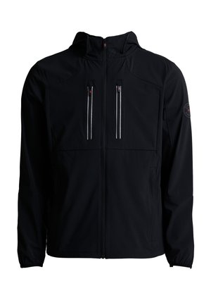 Schwarze Reißverschlussjacke mit zwei vertikalen Brusttaschen mit reflektierenden Streifen und Kapuze, entworfen für den Außeneinsatz.