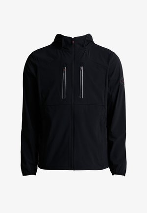 Schwarze Reißverschlussjacke mit zwei vertikalen Brusttaschen mit reflektierenden Streifen und Kapuze, entworfen für den Außeneinsatz.