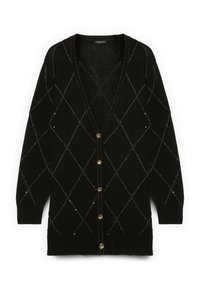 Cardigan negru cu decolteu în V, decorat cu un model de diamante din fir argintiu, având butoane aurii pe față și țesătură texturată.