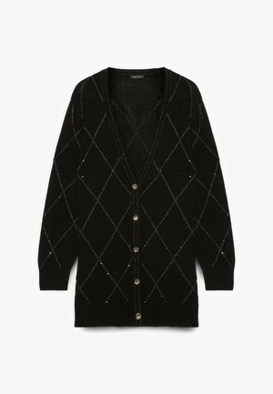 Schwarze Strickjacke mit V-Ausschnitt, Rautenmuster in silbernem Faden, mit goldenen Knöpfen auf der Vorderseite und strukturiertem Stoff.