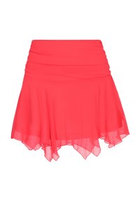 Leichte Chiffon-Rock in lebhaftem Korallenrot, mit einem gerafften Taillenbund und einem asymmetrischen, fließenden Saum. Präsentiert eine weiche, durchsichtige Textur.