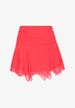 Kevyt sifonkihame kirkkaan korallinvärisenä, jossa on rypytetty vyötärö ja epäsymmetrinen, virtaava helma. Esittelee pehmeän, läpikuultavan tekstuurin.