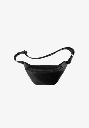 Marsupio in pelle nera con una forma curva ed aerodinamica, dotato di una tasca frontale con zip e di una tracolla regolabile per il massimo comfort.