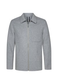 Giacca grigia in lana con chiusura frontale a zip, colletto, maniche lunghe e tasca sul petto; texture piatta con una finitura liscia.
