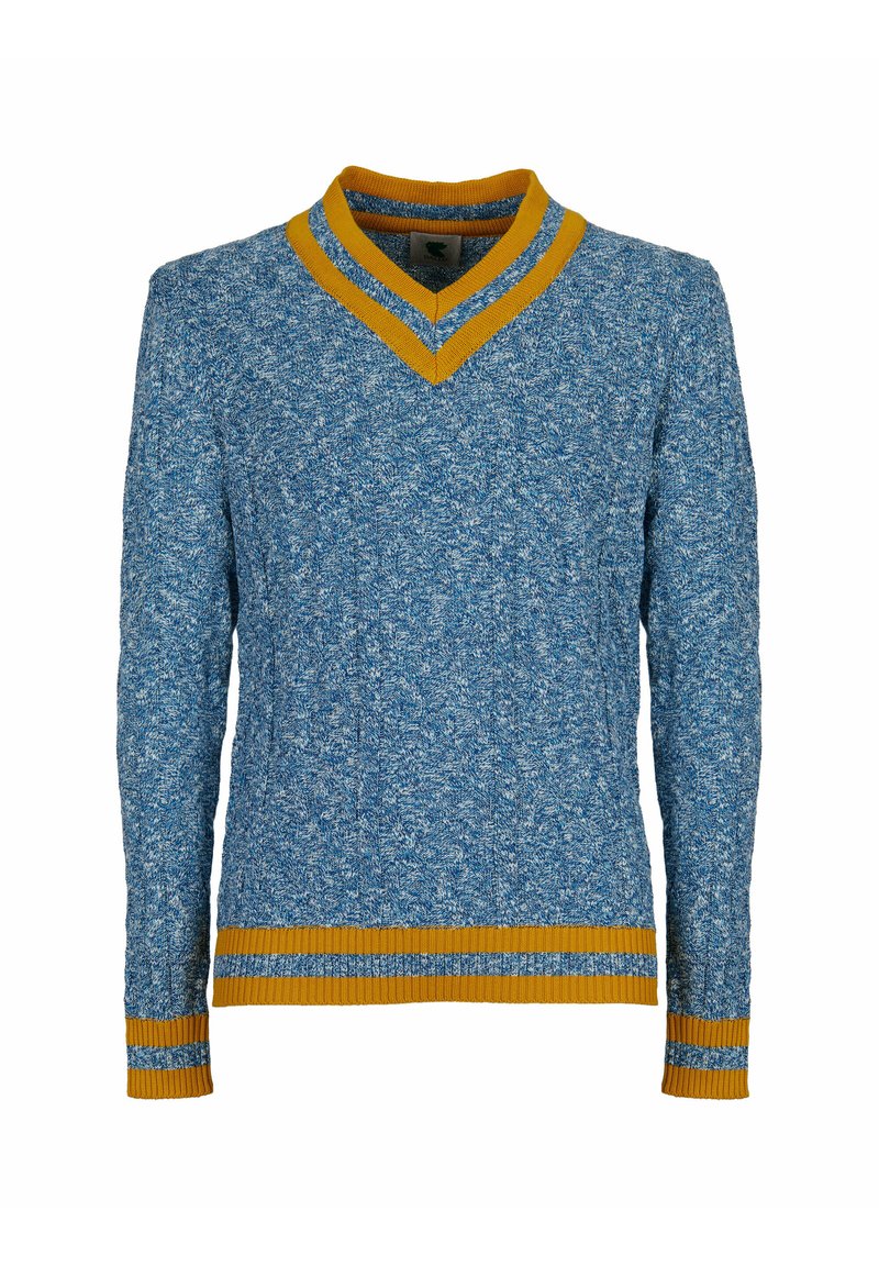 Blauer Strickpullover mit V-Ausschnitt und gelben Akzenten, gerippten Bündchen und Saum, der ein strukturiertes Muster zeigt.