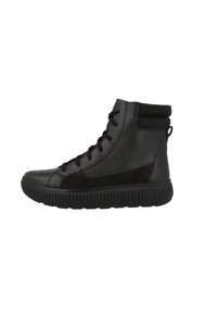 Baskets montantes noires en cuir texturé et en daim, avec une semelle en caoutchouc, un bout rond et un laçage avec un col rembourré.