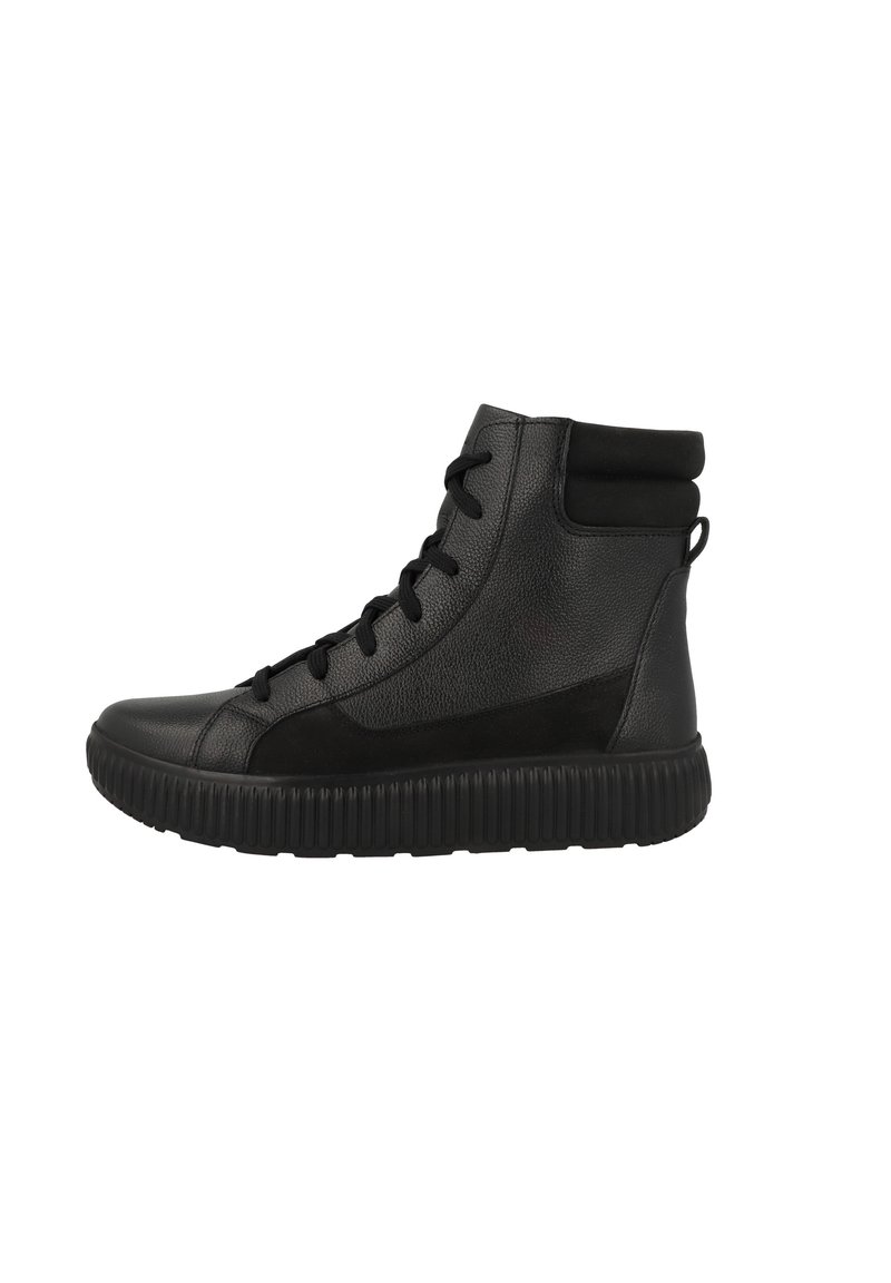 Baskets montantes noires en cuir texturé et en daim, avec une semelle en caoutchouc, un bout rond et un laçage avec un col rembourré.