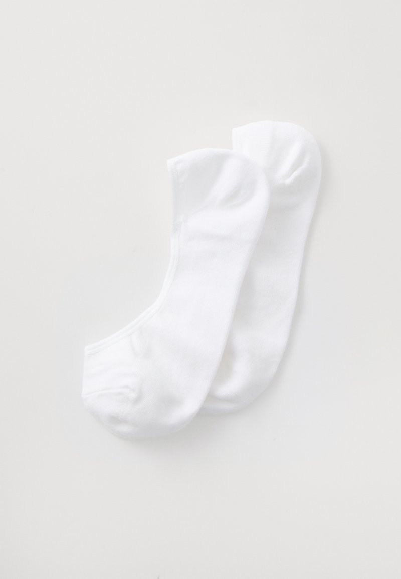 Pair of plain white low-cut no-show socks laid flat on a white background.