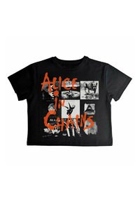 Black cotton T-shirt featuring a collage of images and orange "ALICE IN CHAINS" text across the front. Short sleeves, relaxed fit.
