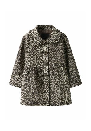 Leopardprint meisjesjas met lange mouwen, gerimpelde kraag, knopen aan de voorkant en een taille met plooien.