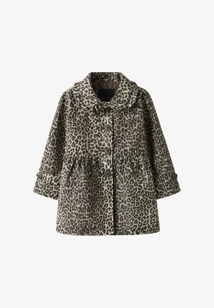 Tüdrukute leopardimustriline mantel pikkade varrukatega, volangilise krae, ees nööpidega ja vöökohalt liistudega.