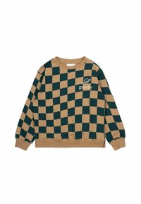 Bruin en groen geruite sweatshirt met lange mouwen, ronde hals en ribgebreide manchetten. Bevat de tekst "gravity" en een logodetail.