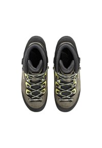 Grau Wildleder-Wanderschuhe mit schwarzen Akzenten, Mesh-Futter und gelben Schnürsenkeln. Verfügt über ein hohes Knöldesign und Gummisohlen für besseren Halt.