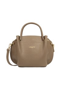 Sac à main en cuir texturé taupe avec deux poignées courbées, bandoulière détachable et logo doré Lancaster Paris sur le devant.