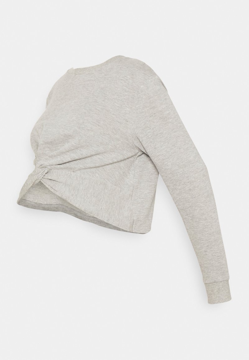 Šedá cropped mikina s dlouhým rukávem vyrobená z měkké texturované tkaniny, s detailním vázáním na straně a žebrovanými manžetami.