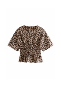 Top med leopardmønster, korte ærmer, samlet talje og flared kant. Stof i en blød tekstur med beige og brune nuancer samt sorte accenter.