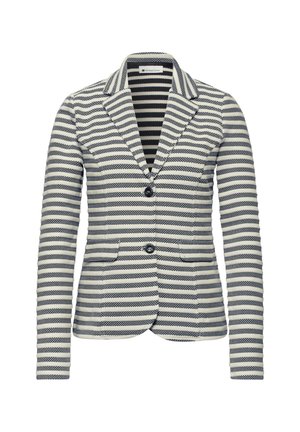 Blazer cintré pour femme avec des rayures horizontales bleu marine et blanc, deux boutons à l’avant, revers crantés et poches à rabat.