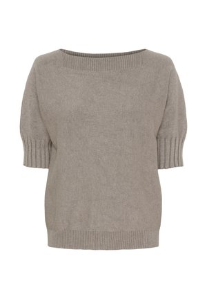 Lys grå strikket sweater med en bred firkantet halsudskæring, korte pufærmer og ribbede manchetter og kant. Blød tekstur og afslappet pasform.