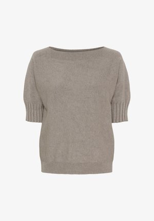 Lys grå strikket sweater med en bred firkantet halsudskæring, korte pufærmer og ribbede manchetter og kant. Blød tekstur og afslappet pasform.