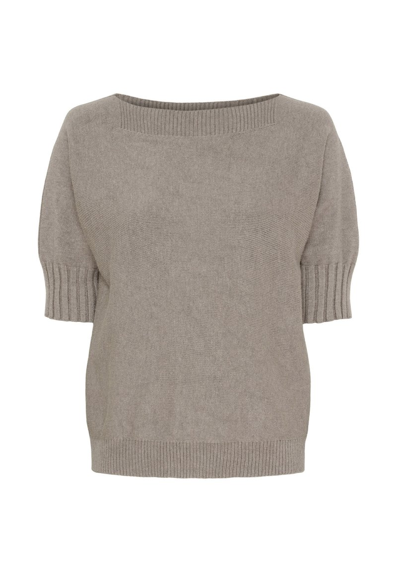 Lys grå strikket sweater med en bred firkantet halsudskæring, korte pufærmer og ribbede manchetter og kant. Blød tekstur og afslappet pasform.
