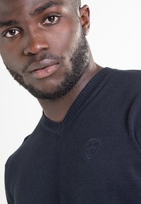 Maglione in maglia blu navy con scollo a V. Presenta un logo discreto sul petto sinistro e una finitura testurizzata. Vista ravvicinata del capo.