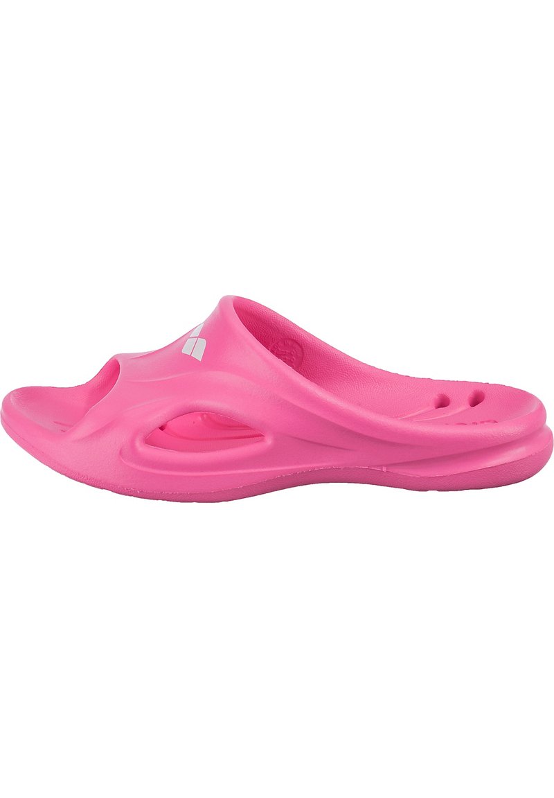 Sandalo scivolato rosa con una texture liscia, design open-toe e fori di ventilazione, caratterizzato da un logo bianco nella parte superiore.