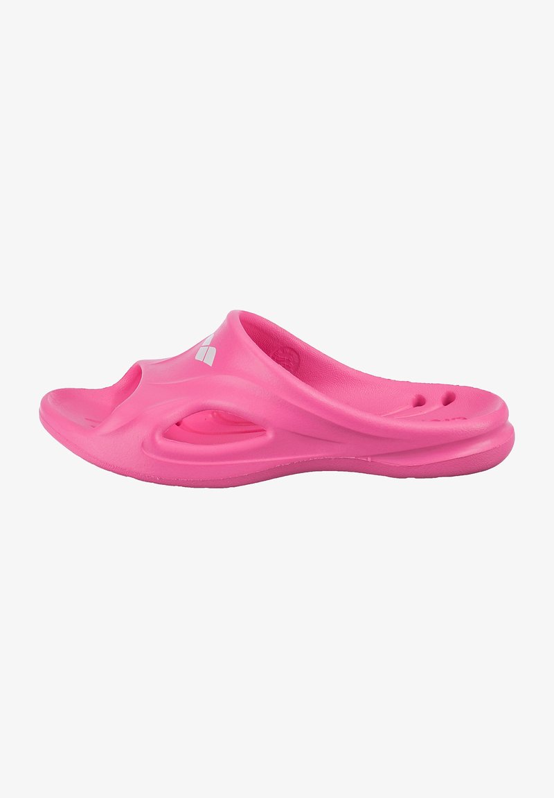 Sandalo scivolato rosa con una texture liscia, design open-toe e fori di ventilazione, caratterizzato da un logo bianco nella parte superiore.
