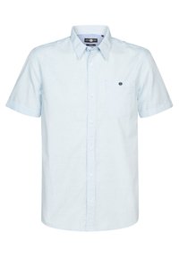 Košilové tričko s krátkým rukávem ve světle modré barvě s jemným vzorem teček, jednou náprsní kapsou a klasickým límečkem.