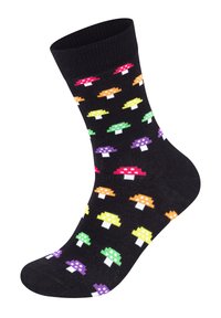 Chaussettes noires ornées d'un motif de champignons colorés en rose, orange, jaune, vert et violet, avec des accents blancs sur les tiges des champignons.