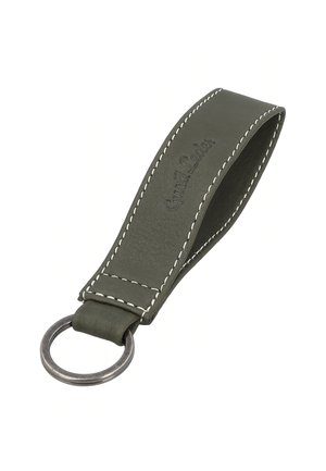 Dunkelgrüner Leder-Schlüsselanhänger mit weißen Nähten und einem runden Metall-Schlüsselring an einem Ende.