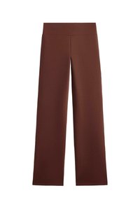 Hnedé nohavice so širokými nohavicami vyrobené z elastického materiálu, s hladkým pásom, v plnej dĺžke a bez viditeľných ozdôb alebo vzorov.