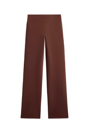 Hnedé nohavice so širokými nohavicami vyrobené z elastického materiálu, s hladkým pásom, v plnej dĺžke a bez viditeľných ozdôb alebo vzorov.