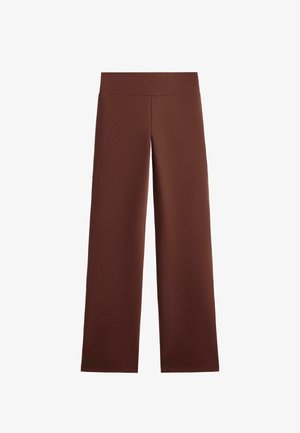 Hnedé nohavice so širokými nohavicami vyrobené z elastického materiálu, s hladkým pásom, v plnej dĺžke a bez viditeľných ozdôb alebo vzorov.