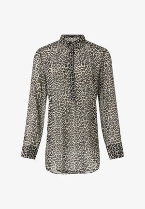 Camicia a maniche lunghe con stampa leopardata in tessuto trasparente, con colletto e chiusura con bottoni. Presenta un orlo arrotondato e una vestibilità classica.