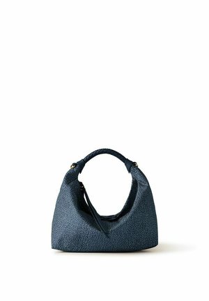 Dark blue textured handbag with a braided handle and a dangling zipper pull, shown against a white background.