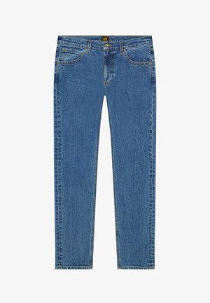 Niebieskie dżinsy o prostym kroju, w stylu pięciu kieszeni, z kontrastowym przeszyciem. Posiadają zamek błyskawiczny i naszywkę z logo na pasie.