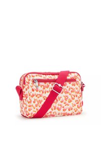 Borsa a tracolla con un design a stampa leopardata rosa e arancione, dotata di una tracolla rossa regolabile e dettagli in cerniera argentata.
