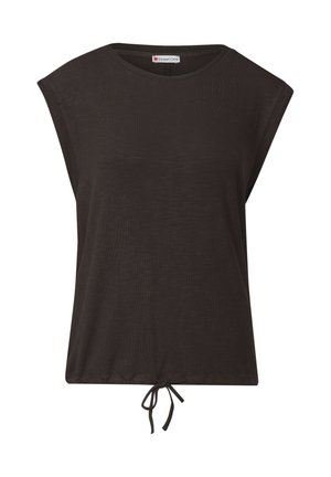 Black, short-sleeve top with a loose fit, round neckline, and drawstring at the hem. Made from soft, textured fabric.