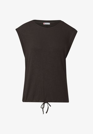 Svart topp med kort ärm, lös passform, rund halsringning och dragsko i fållen. Tillverkad av mjukt, texturerat tyg.