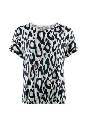 Kurzarmoberteil aus leichtem Stoff mit einem grün-beigen Leopardenmuster auf schwarzem Hintergrund. Boxy-Schnitt mit einem runden Halsausschnitt.