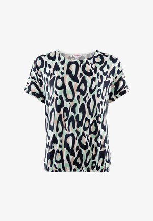 Kurzarmoberteil aus leichtem Stoff mit einem grün-beigen Leopardenmuster auf schwarzem Hintergrund. Boxy-Schnitt mit einem runden Halsausschnitt.