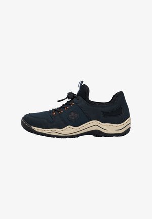 Black and beige sporty casual shoe with elastic laces, orange eyelets, textured sole, and pull tab on the tongue and heel collar.