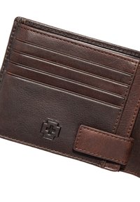Brown leather wallet with multiple card slots, a textured finish, and a debossed logo. Features a secure closure tab and contrast stitching.