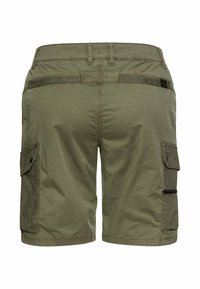 Olive green cargo shorts with back welt pockets, side flap pockets with buttons, and belt loops, shown from the back.