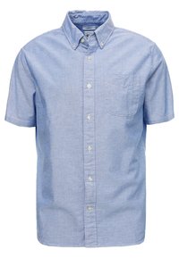 Camicia a maniche corte in tessuto azzurro chiaro; presenta colletto, tasca applicata e chiusura con bottoni; trama liscia.
