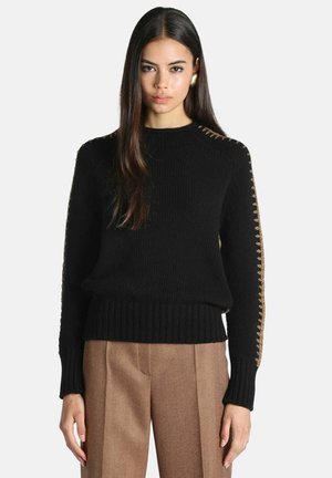 Mujer con cabello largo y oscuro, que lleva un suéter negro con detalles en costura color beige en las mangas y pantalones marrones de tiro alto, de pie contra un fondo blanco.
